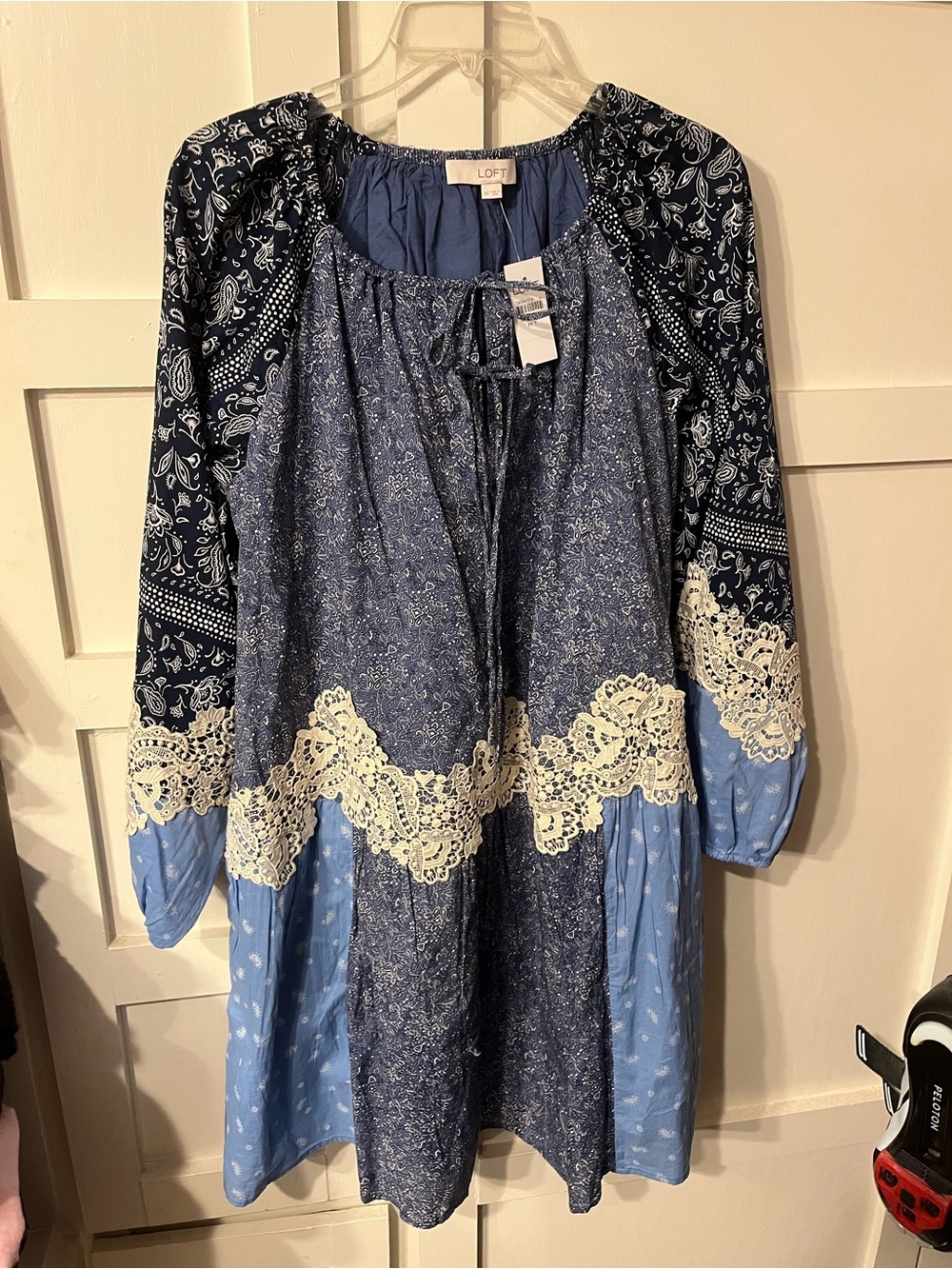 LOFT Navy & Light Blue Patchwork Lace-Trim Dress